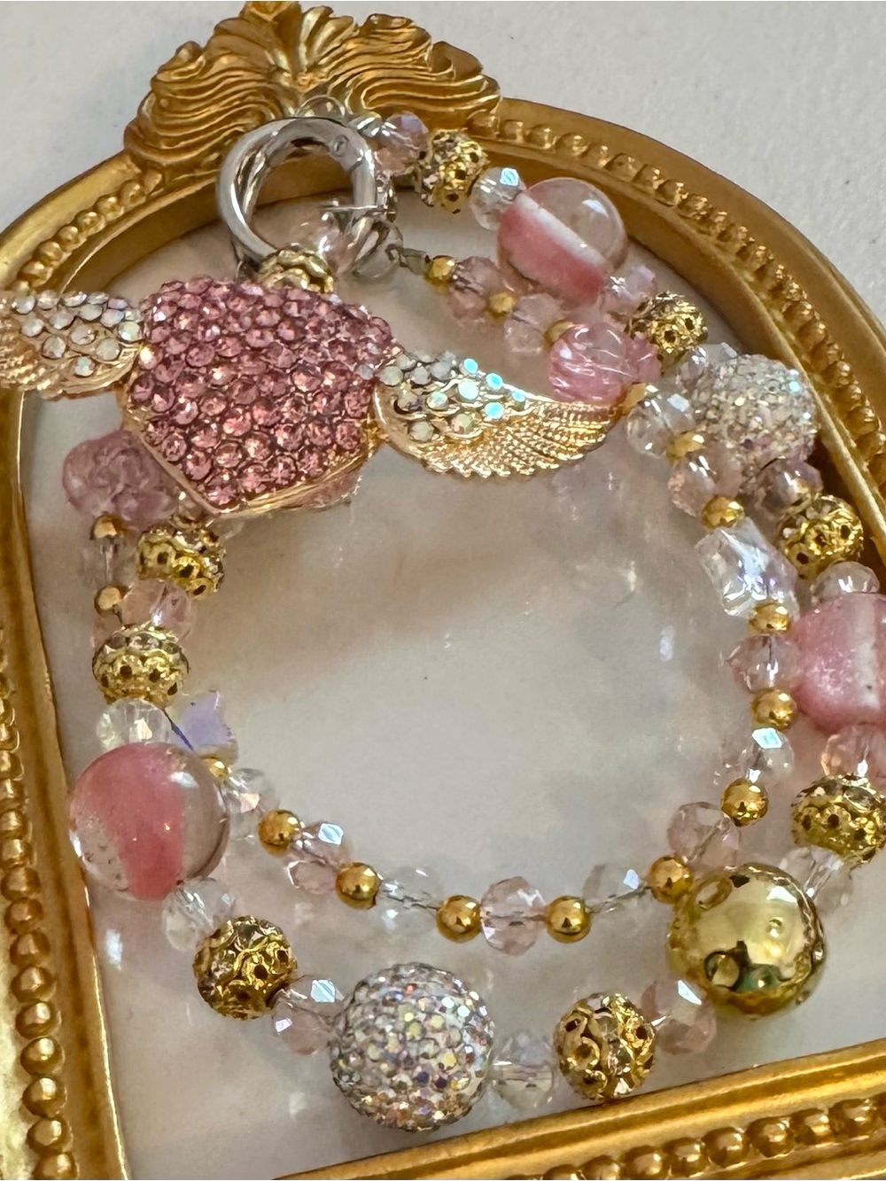 New Pink Crystal Wing Heart Charm Phone Chain with Gold Accents
